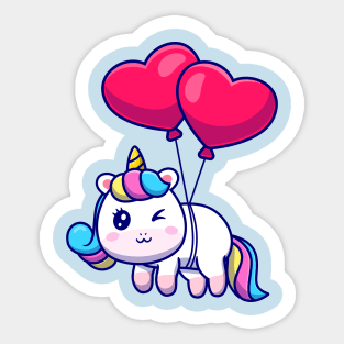 Cute Unicorn Floating With Love Balloon Cartoon Sticker